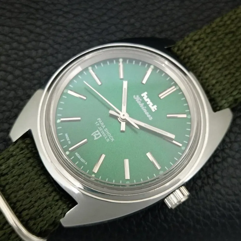 Vintage 1977 HMT Manual Wound Mens Silver Watch & Green accents